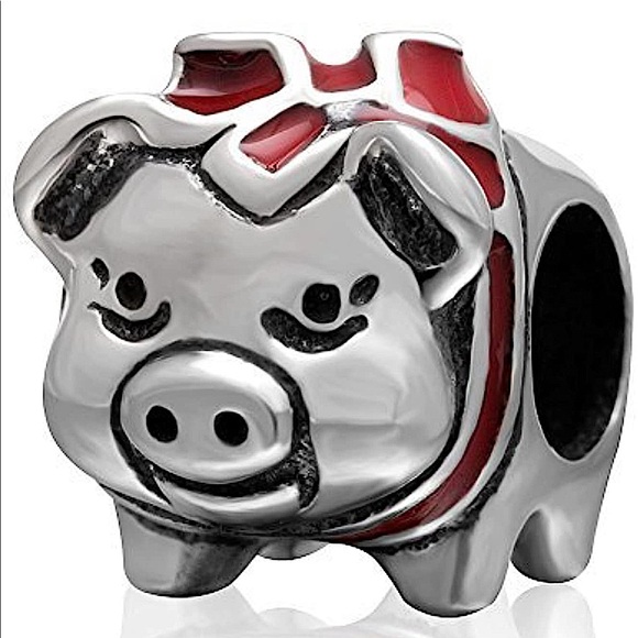 Piggy Bank Charm Pig Red Enamel Bow - Picture 1 of 4